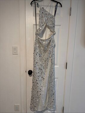 Silver Sequin Cutout Evening Gown